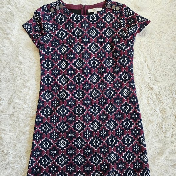 LOFT Petite women's Maroon Geometric Floral Pattern Quilted Jacquard Mini Dress - Picture 2 of 7